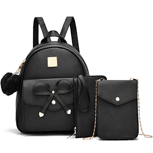 BESYIGA Mini Leather Backpack Purse for Women, Cute Fashion Travel Daypacks and Bow Backpack Shoulder Bag for Women, 3Pcs, Black