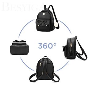 BESYIGA Mini Leather Backpack Purse for Women, Cute Fashion Travel Daypacks and Bow Backpack Shoulder Bag for Women, 3Pcs, Black