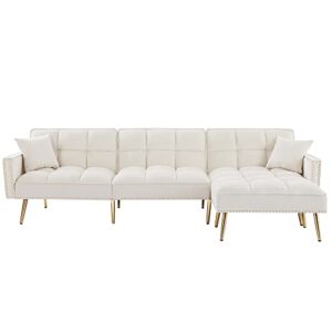 Ucloveria Sectional Sofa Couch, Convertible L-Shaped Sofa Bed with Adjustable Backrest & Movable Ottoman & 2 Toss Pillows, 3 in 1 Multi-Function Sleeper Sofa for Living Room Bedroom, Cream White