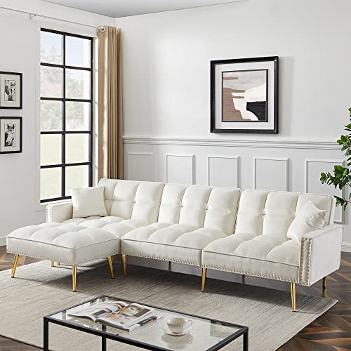 Ucloveria Sectional Sofa Couch, Convertible L-Shaped Sofa Bed with Adjustable Backrest & Movable Ottoman & 2 Toss Pillows, 3 in 1 Multi-Function Sleeper Sofa for Living Room Bedroom, Cream White