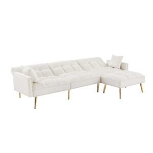 Ucloveria Sectional Sofa Couch, Convertible L-Shaped Sofa Bed with Adjustable Backrest & Movable Ottoman & 2 Toss Pillows, 3 in 1 Multi-Function Sleeper Sofa for Living Room Bedroom, Cream White