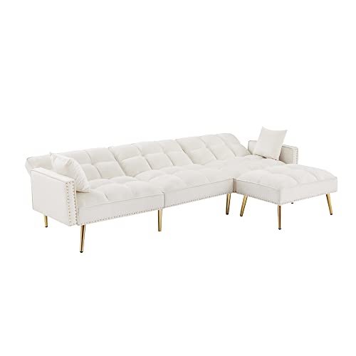 Ucloveria Sectional Sofa Couch, Convertible L-Shaped Sofa Bed with Adjustable Backrest & Movable Ottoman & 2 Toss Pillows, 3 in 1 Multi-Function Sleeper Sofa for Living Room Bedroom, Cream White