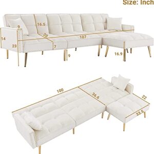 Ucloveria Sectional Sofa Couch, Convertible L-Shaped Sofa Bed with Adjustable Backrest & Movable Ottoman & 2 Toss Pillows, 3 in 1 Multi-Function Sleeper Sofa for Living Room Bedroom, Cream White