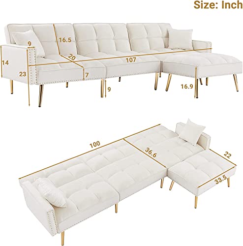 Ucloveria Sectional Sofa Couch, Convertible L-Shaped Sofa Bed with Adjustable Backrest & Movable Ottoman & 2 Toss Pillows, 3 in 1 Multi-Function Sleeper Sofa for Living Room Bedroom, Cream White