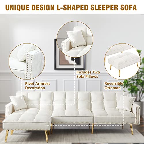 Ucloveria Sectional Sofa Couch, Convertible L-Shaped Sofa Bed with Adjustable Backrest & Movable Ottoman & 2 Toss Pillows, 3 in 1 Multi-Function Sleeper Sofa for Living Room Bedroom, Cream White