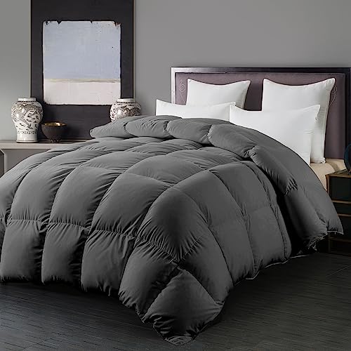 ELNIDO QUEEN Feather Down Comforter Queen Size - Grey Down Duvet Insert - Luxurious Fluffy Hotel Style Bedding Comforter - 100% Cotton Cover All Season Medium Warmth - Queen Size (90x90 Inch)