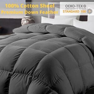 ELNIDO QUEEN Feather Down Comforter Queen Size - Grey Down Duvet Insert - Luxurious Fluffy Hotel Style Bedding Comforter - 100% Cotton Cover All Season Medium Warmth - Queen Size (90x90 Inch)