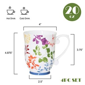 QOUTIQUE Bone China Decorated Coffee Mugs - 20 Ounce - Set of 4, Cups for Latte, Hot Tea, Cappuccino, Mocha, Cocoa, Mug Set, Large Coffee Mug, Surely