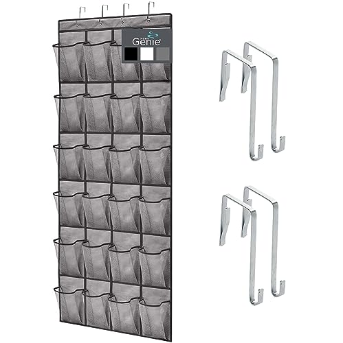 HOME GENIE 24 Pocket Strong Space Saving Over Door Shoe Organizer, Holds Up to 40 Pounds, Stay In Place Hooks Large Breathable Mesh Pocket Hanging Behind Closet Caddy Holder, Cabinet Rack, Gray