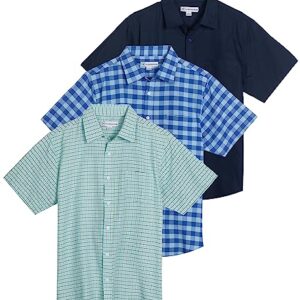 3-Pack: Mens Short Sleeve Button Up Down Shirt for Men Dress Shirts Slim Casual Plaid Clothing Clothes Pocket Cotton Collar Summer Outfit Fashion Top Tees Tshirt Lounge Camisa para Hombre - Set 6, L