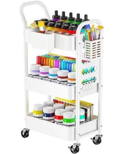 pipishell 3-tier rolling cart, metal utility cart with pegboard, lockable wheels & u-shaped handle, storage cart with 2 hanging cups & 4 hooks for living room, bedroom, kitchen, office (white)