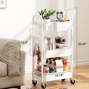 Pipishell 3-Tier Rolling Cart, Metal Utility Cart with Pegboard, Lockable Wheels & U-Shaped Handle, Storage Cart with 2 Hanging Cups & 4 Hooks for Living Room, Bedroom, Kitchen, Office (White)