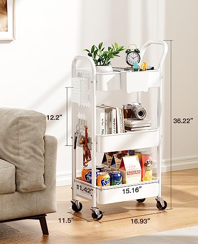 Pipishell 3-Tier Rolling Cart, Metal Utility Cart with Pegboard, Lockable Wheels & U-Shaped Handle, Storage Cart with 2 Hanging Cups & 4 Hooks for Living Room, Bedroom, Kitchen, Office (White)