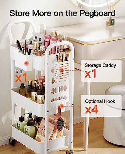 Pipishell 3-Tier Rolling Cart, Metal Utility Cart with Pegboard, Lockable Wheels & U-Shaped Handle, Storage Cart with 2 Hanging Cups & 4 Hooks for Living Room, Bedroom, Kitchen, Office (White)