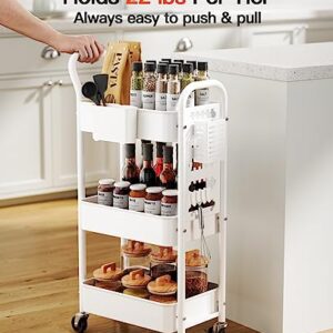 Pipishell 3-Tier Rolling Cart, Metal Utility Cart with Pegboard, Lockable Wheels & U-Shaped Handle, Storage Cart with 2 Hanging Cups & 4 Hooks for Living Room, Bedroom, Kitchen, Office (White)