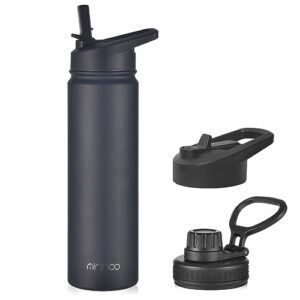 mininoo 24 oz insulated water bottle with straw, stainless steel double wall vacuum thermos with straw lid & chug lid, leak proof, bpa free, keep cold for 24h & hot for 12h(black)