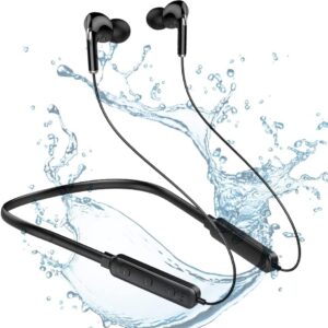 deep bass wireless earbuds, in-ear bluetooth earphones with noise cancelling microphone, lightweight neckband headset, volume control, ipx7 waterproof sweat resistant headphones, 10 hours playtime