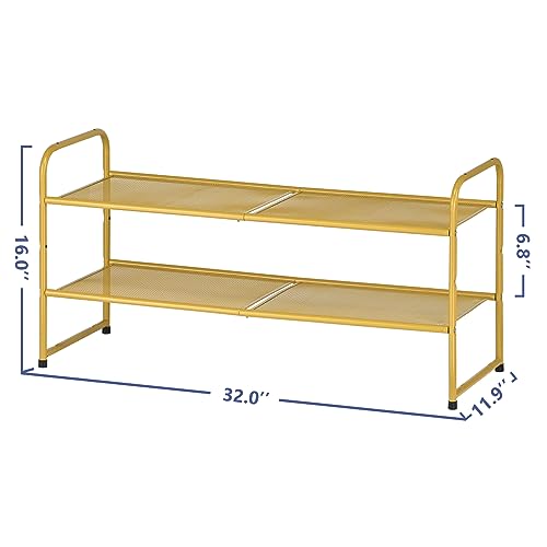 SUFAUY 2-Tier Shoe Rack, Stackable Shoe Shelf Storage Organizer for Entryway Closet, Metal Mesh, Gold