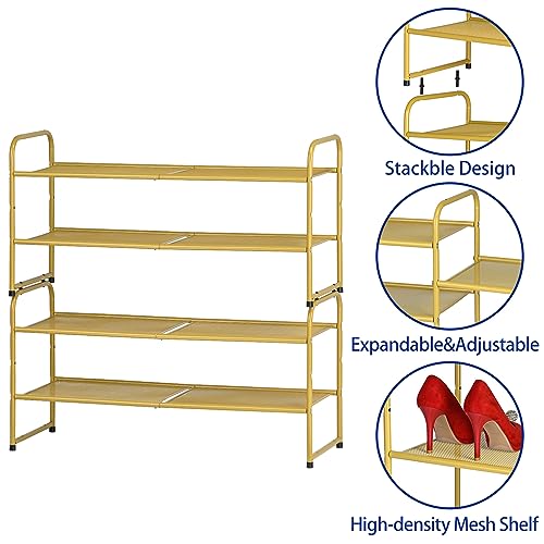 SUFAUY 2-Tier Shoe Rack, Stackable Shoe Shelf Storage Organizer for Entryway Closet, Metal Mesh, Gold