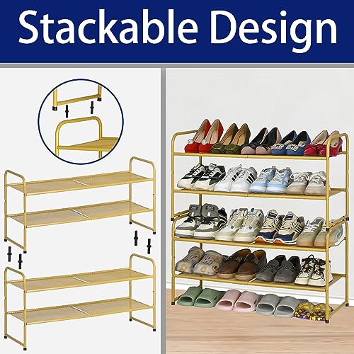 SUFAUY 2-Tier Shoe Rack, Stackable Shoe Shelf Storage Organizer for Entryway Closet, Metal Mesh, Gold