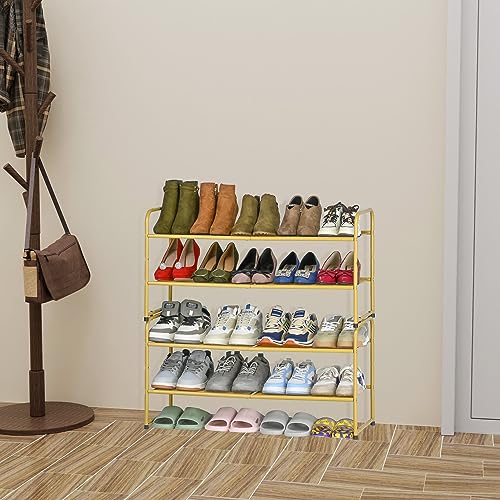 SUFAUY 2-Tier Shoe Rack, Stackable Shoe Shelf Storage Organizer for Entryway Closet, Metal Mesh, Gold