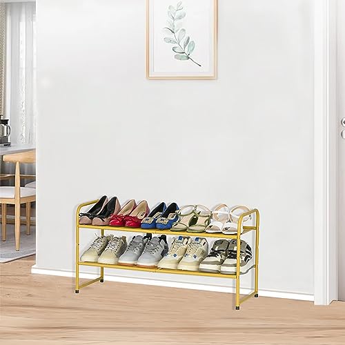 SUFAUY 2-Tier Shoe Rack, Stackable Shoe Shelf Storage Organizer for Entryway Closet, Metal Mesh, Gold