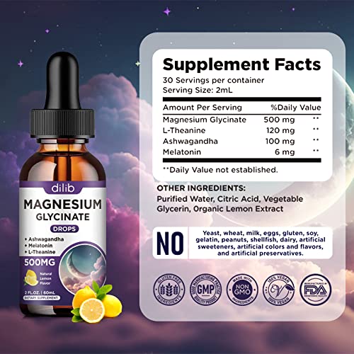 Magnesium Glycinate Supplement, Magnesium Liquid Drops with Magnesium Glycinate 500mg Sleep Aid Drops - Melatonin, Ashwagandha, L - Theanine - Support Stress Relief, Bone, Muscle, Mood Vegan