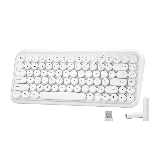 Wireless Bluetooth Keyboard, 2.4GHz Typewriter Retro Keyboard, 84 Keys Portable Office Computer Keyboard with 2xAA Batteries and Cute Floated Round Keycaps for Windows Android PC Laptop Mac iPad,White