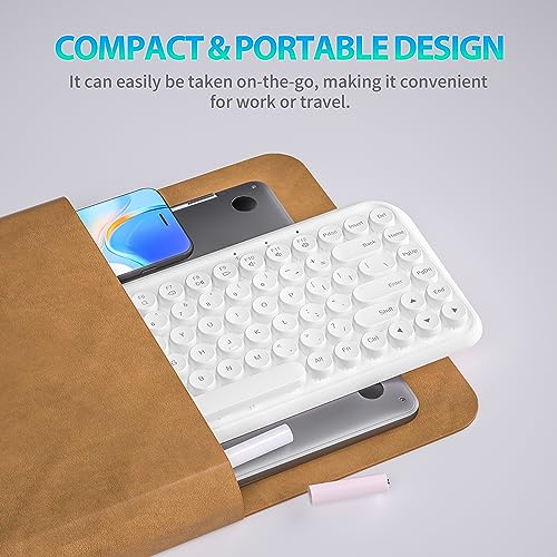 Wireless Bluetooth Keyboard, 2.4GHz Typewriter Retro Keyboard, 84 Keys Portable Office Computer Keyboard with 2xAA Batteries and Cute Floated Round Keycaps for Windows Android PC Laptop Mac iPad,White