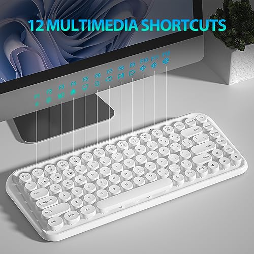 Wireless Bluetooth Keyboard, 2.4GHz Typewriter Retro Keyboard, 84 Keys Portable Office Computer Keyboard with 2xAA Batteries and Cute Floated Round Keycaps for Windows Android PC Laptop Mac iPad,White