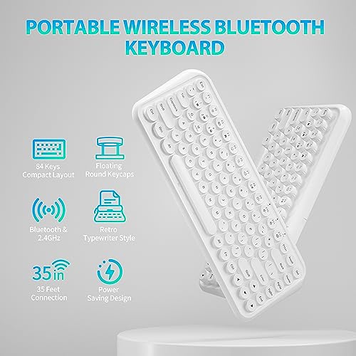 Wireless Bluetooth Keyboard, 2.4GHz Typewriter Retro Keyboard, 84 Keys Portable Office Computer Keyboard with 2xAA Batteries and Cute Floated Round Keycaps for Windows Android PC Laptop Mac iPad,White