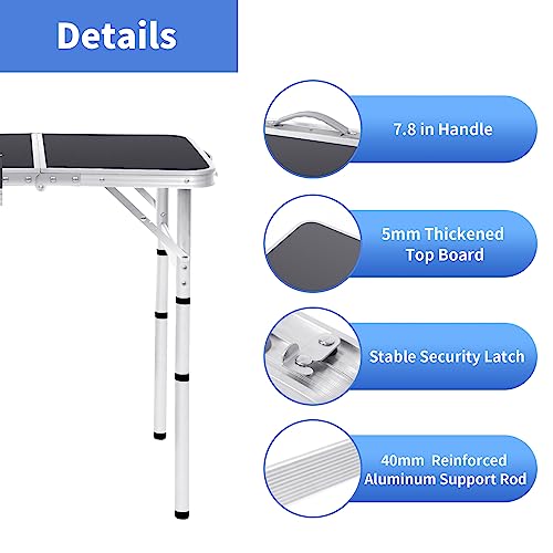 Moosinily Folding Table 2 Feet Portable Table Camping Table Ajustable Height Picnic Table Small Card Table Aluminum with Carry Handle for Outdoor Indoor Grill BBQ Travel Beach Black