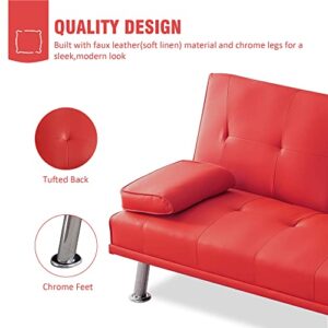 Futon Sofa Bed, Multifunctional Foldable Recliner Faux Leather Sleeper Sofa w/ 2 Cup Holders, Loveseat Daybed Guest Bed for Compact Living Spaces, Apartments, Dorms, w/Removable Armrests,Red