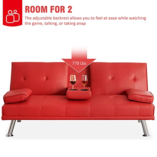 Futon Sofa Bed, Multifunctional Foldable Recliner Faux Leather Sleeper Sofa w/ 2 Cup Holders, Loveseat Daybed Guest Bed for Compact Living Spaces, Apartments, Dorms, w/Removable Armrests,Red