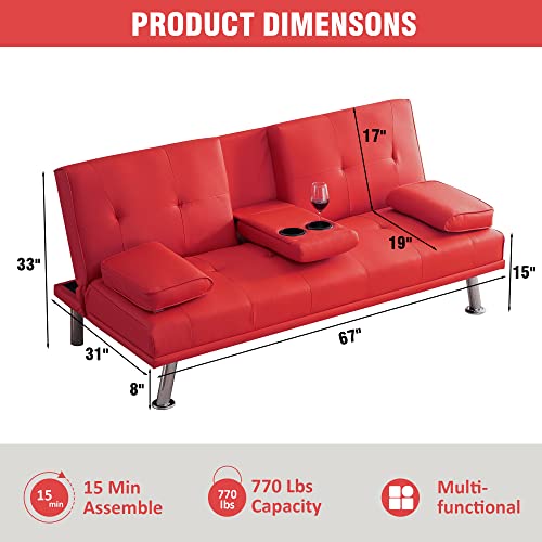Futon Sofa Bed, Multifunctional Foldable Recliner Faux Leather Sleeper Sofa w/ 2 Cup Holders, Loveseat Daybed Guest Bed for Compact Living Spaces, Apartments, Dorms, w/Removable Armrests,Red