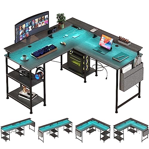 Tbfit L Shaped Desk, Reversible Corner Computer Desk with Power Outlet and LED Strip, Gaming Computer Desk with Monitor Stand and Storage Shelf, 2 Person Long Writing Study Table, Grey