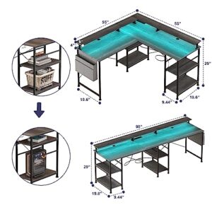 Tbfit L Shaped Desk, Reversible Corner Computer Desk with Power Outlet and LED Strip, Gaming Computer Desk with Monitor Stand and Storage Shelf, 2 Person Long Writing Study Table, Grey