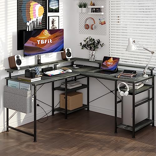 Tbfit L Shaped Desk, Reversible Corner Computer Desk with Power Outlet and LED Strip, Gaming Computer Desk with Monitor Stand and Storage Shelf, 2 Person Long Writing Study Table, Grey