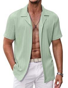 coofandy men's linen shirts short sleeve button down shirt for men fashion summer beach shirt, light green, l