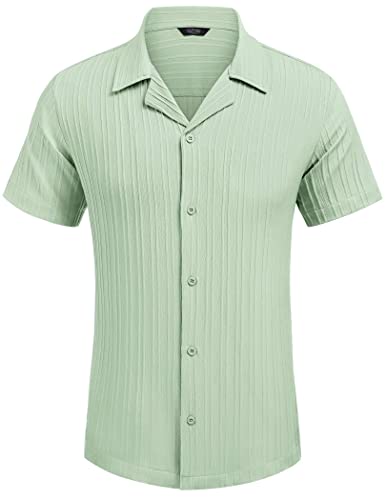 COOFANDY Men's Linen Shirts Short Sleeve Button Down Shirt for Men Fashion Summer Beach Shirt, Light Green, L