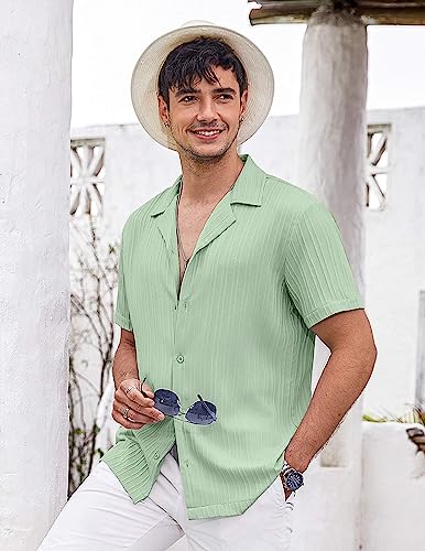 COOFANDY Men's Linen Shirts Short Sleeve Button Down Shirt for Men Fashion Summer Beach Shirt, Light Green, L