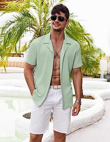 COOFANDY Men's Linen Shirts Short Sleeve Button Down Shirt for Men Fashion Summer Beach Shirt, Light Green, L