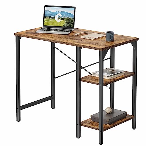 CubiCubi Small Computer Desk, 35 Inch Home Office Desk with 2Storage Shelves on Left or Right Side, Study Writing Desk with Storage Bag, Rustic Brown