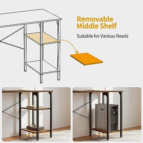 CubiCubi Small Computer Desk, 35 Inch Home Office Desk with 2Storage Shelves on Left or Right Side, Study Writing Desk with Storage Bag, Rustic Brown