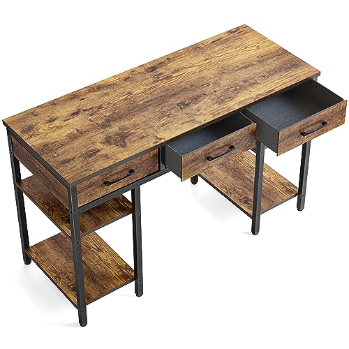 CubiCubi 47 Inch Computer Desk with Fabric Drawers and Storage Shelfs, Small Office Home Desk, Study Writing Table, Modern Simple Desk, Rustic Brown