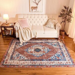 Chicrug Boho 4x6 Area Rugs for Living Room, Red Memory Foam Rugs for Bedroom,Vintage Distressed Floral Medallion Print Indoor Floor Carpet Rug for Bedside Dining Room Decor