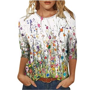 black shirts for women blouses and tops dressy casual 2023 trendy summer 3/4 sleeve crewneck t-shirt boho floral print shirts