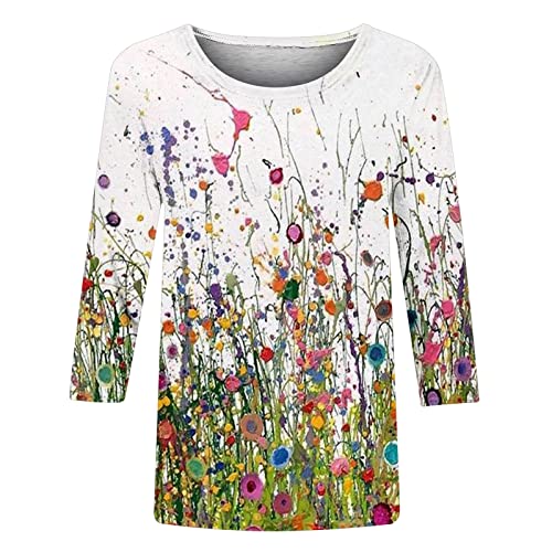 Black Shirts for Women Blouses and Tops Dressy Casual 2023 Trendy Summer 3/4 Sleeve Crewneck t-Shirt Boho Floral Print Shirts