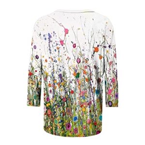 Black Shirts for Women Blouses and Tops Dressy Casual 2023 Trendy Summer 3/4 Sleeve Crewneck t-Shirt Boho Floral Print Shirts