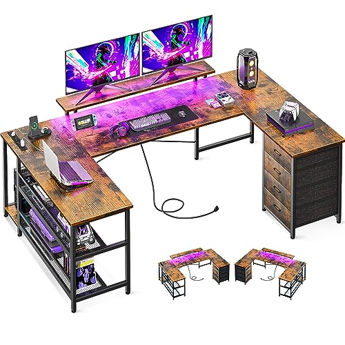 ODK U Shaped Desk with Power Outlets & LED Strip & Monitor Stand, 66" Reversible L Shaped Desk with Drawers and Storage Shelf, Home Office Gaming Desk, Vintage